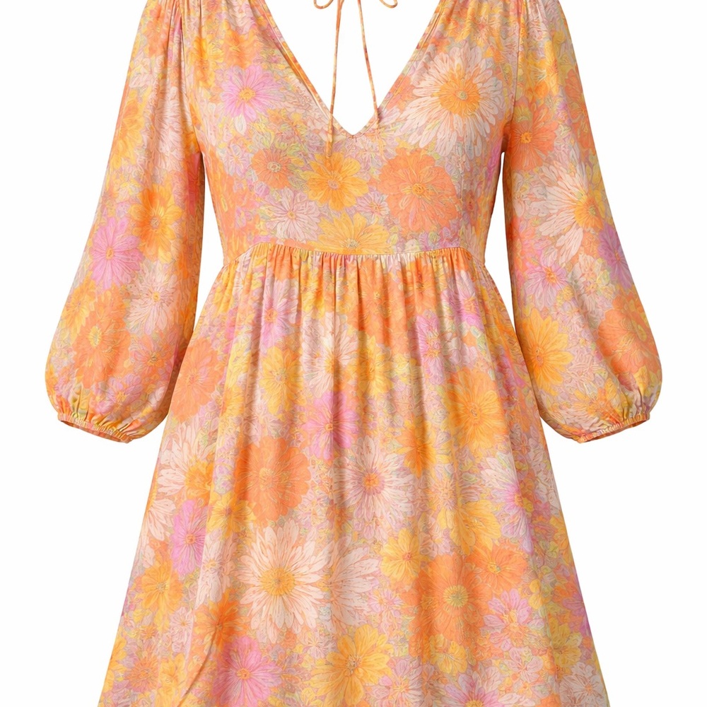 H&M Floral Boho Cottagecore Tie Back Dress Size L Balloon Sleeve